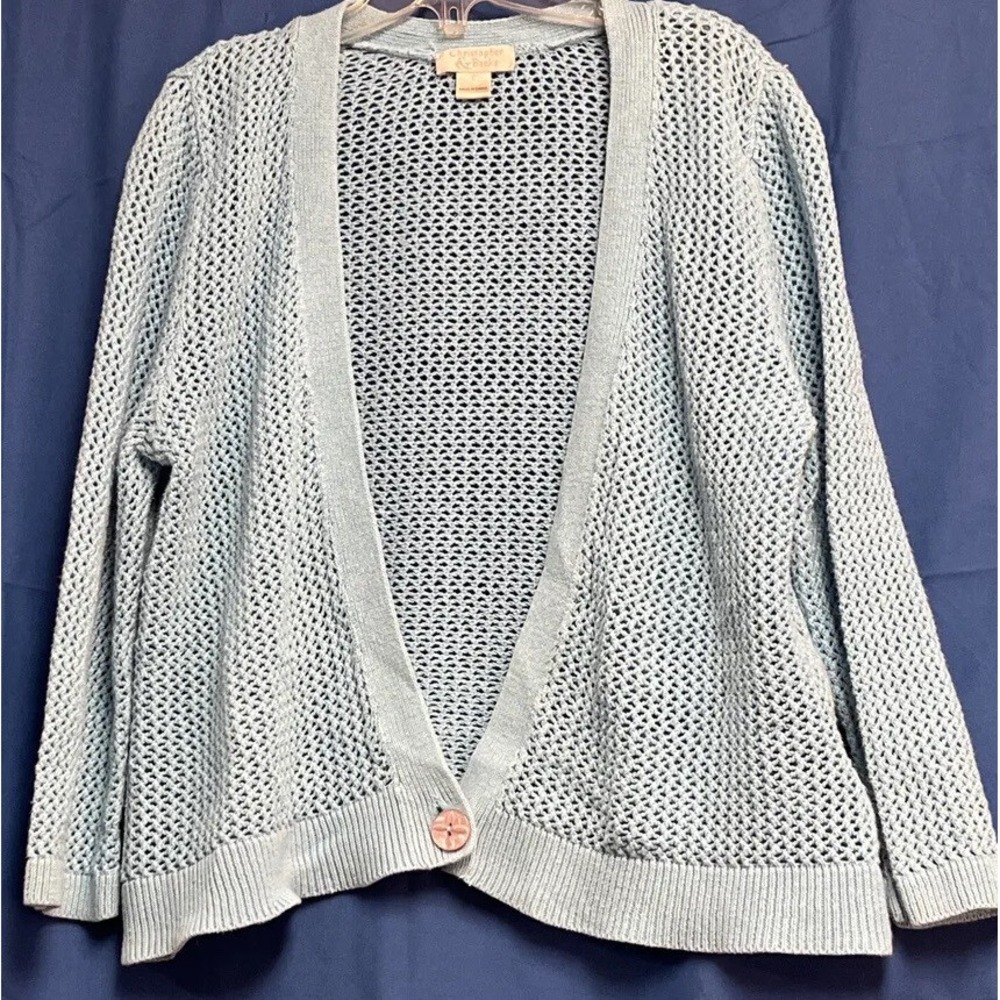 Christopher & Banks Woman's  Cardigan with 1 Button  Aqua Blue Ramie/ Cotton SzL